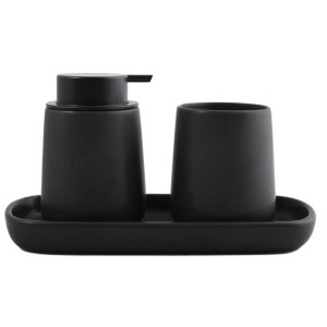 Set bagno MSV Maonie in ceramica nera: dispenser sapone, bicchiere e vassoio.