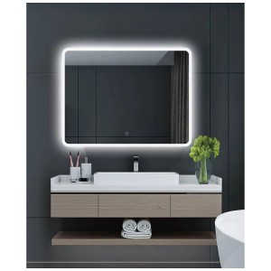 Specchio luminoso a LED Diaqua Quadro 60x70 cm in bagno moderno con mobile lavabo e decorazioni.