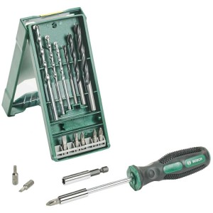 Set di punte e trapani Bosch Mini-X-Line 16 pezzi con punte, inserti, portainserti e cacciavite.