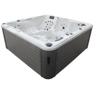 Spa extérieur blanc Sonnenkönig Aruba pour le jardin. Spa fixe avec panneaux extérieurs gris.
