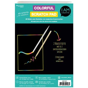 Blocco da grattare A5 con 40 fogli, due penne e colori arcobaleno sotto rivestimento nero.