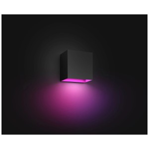 Schwarze Philips Hue Resonate Wandleuchte mit farbigem Lichtstrahl nach unten.