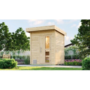 Sauna Weka Naantali Sparset 9 kW compact en bois naturel avec porte en verre et ventilation.