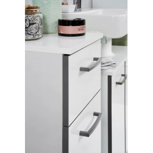 Armoire haute de salle de bain Pelipal Schwerin blanche, 30 cm de large, avec tiroirs et poignées.