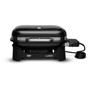 Grill elettrico Weber Lumin Compact nero con coperchio e controllo della temperatura.
