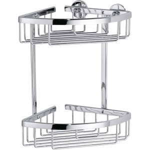 Étagère d'angle de douche chromée Tesa Aluxx avec deux étagères en aluminium.