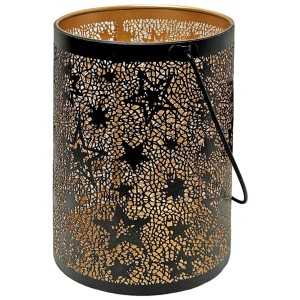 Schwarzes Windlicht mit goldenem Inneren und Sternenmuster, Höhe 16 cm.