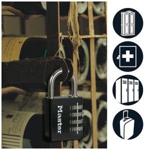 Master Lock Zahlen-Vorhängeschloss, 4-stellig, schwarz, 40mm, zum Sichern von Wertgegenständen.