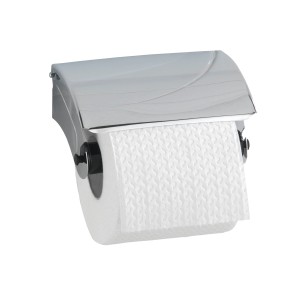 Wenko Porta carta igienica Basic con coperchio, acciaio inox lucido, incluso fissaggio.