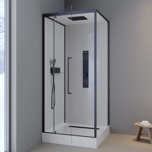 Douche complète Aurlane Urban 2 Square 90x90 cm avec cadre noir, douche de tête et douchette.
