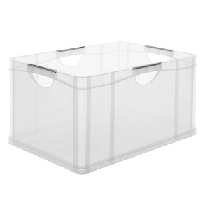 Transparente Rotho Systembox A3 aus Kunststoff, stapelbar und mit Tragegriffen.