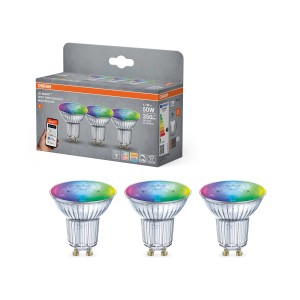 Osram Matter GU10 faretti LED, confezione da 3, RGBW, 4.7W, per controllo smart lighting.