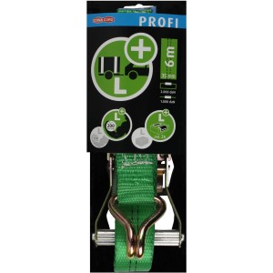 Cinghia di fissaggio carico verde, 37mm x 6m, con cricchetto e ganci per rimorchi auto.
