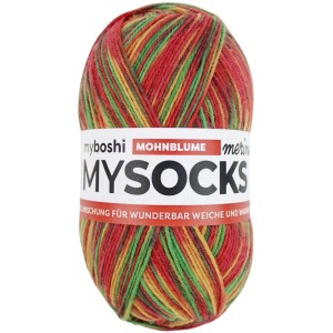 Myboshi Wolle mysocks Merino Mohnblume, mehrfarbiges Sockengarn aus Merinowolle und Polyamid.