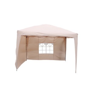 Gazebo pieghevole in alluminio beige pop-up, 260x300x300 cm, con finestra e pannello laterale. Ideale per feste in giardino.