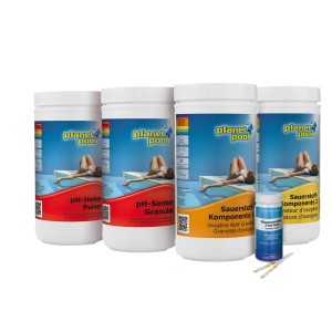 Kit de démarrage sans chlore pour la désinfection de piscine avec pH plus, pH moins, oxygène actif et bandelettes de test.