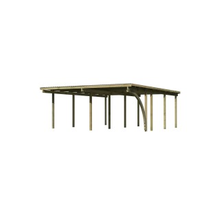 Karibu Doppelcarport Eco aus hellem Nadelholz mit PVC-Dachplatten und stabilen 9x9 cm Pfosten.