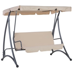 Altalena Hollywood Temple beige con tettoia e struttura in metallo grigio, 169x190x120 cm.