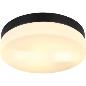 Plafonnier extérieur Globo noir et rond avec verre opale, 2 lampes.