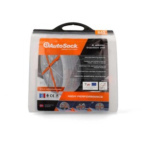 AutoSock aide d'urgence hivernale, groupe 645, dans un sac de transport transparent. Aide textile pour routes hivernales.
