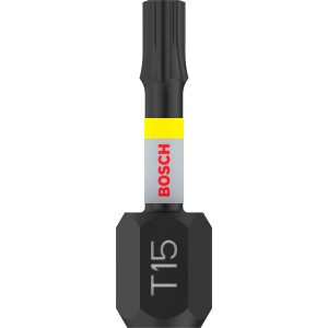 Punta avvitatore Bosch T15 Impact Control nera con anello giallo e marcatura T15, robusta per avvitatori a impulsi.