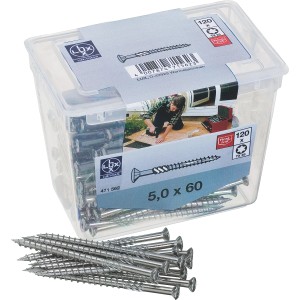 Vis terrasse, 120 pièces, inox A2, 5x60mm, dans un récipient transparent.