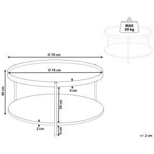 Schizzo: Tavolino da caffè Lander marrone chiaro, Ø 78 cm, con ripiano e dimensioni.