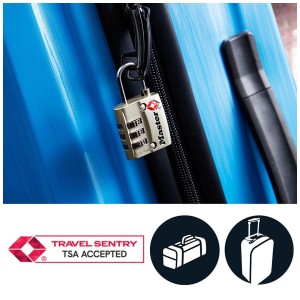 Master Lock TSA Zahlen-Vorhängeschloss am blauen Koffer. 3-stellig, vernickelt, 30 mm breit.