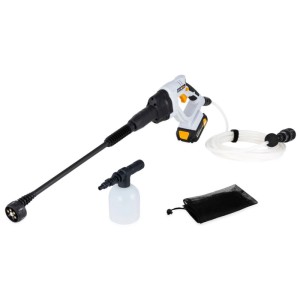 Nettoyeur haute pression sans fil Batavia Nexxforce (18V, blanc) avec accessoires : buse, tuyau et distributeur de savon.