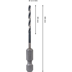 Punta elicoidale Bosch Pro Metal HSS-G, diametro 2,5 mm, con codolo esagonale.