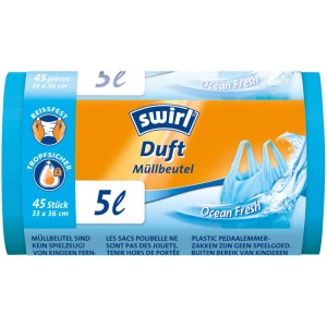 Swirl sacs poubelles parfumés Ocean, 5 litres, 45 pièces, avec parfum frais et cordon de serrage.