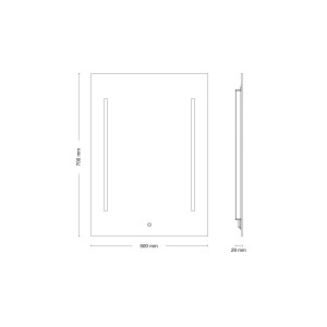 Schizzo dello specchio illuminato a LED rettangolare a forma di cristallo Sirius I, 50x70 cm, con dimensioni.