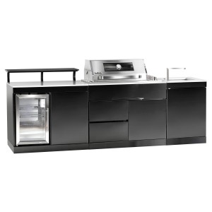 Cuisine d'extérieur Buschbeck Bradford en acier inoxydable noir et plateau en marbre blanc. Comprend réfrigérateur et évier.