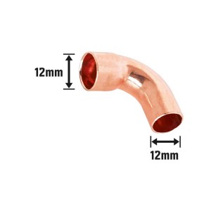 Curva a saldare in rame, angolo 90°, diametro 12 mm per installazione acqua potabile.