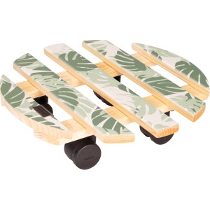 Wagner Multi Roller GH0641, sottovaso con rotelle in legno con motivo a foglie tropicali e ruote nere.
