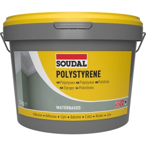 Secchio di Soudal Styroporkleber 28A, 5 kg, pronto all'uso per polistirolo e schiume sintetiche.