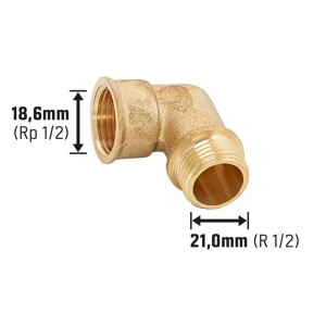 Raccordo a gomito filettato in ottone, 18,6 mm (Rp 1/2) x 21 mm (R 1/2) per impianti idraulici e di riscaldamento.