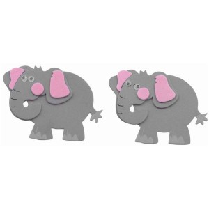 Moosgummisticker Afrika: 2 graue Elefanten mit rosa Ohren, selbstklebend für Bastelarbeiten.