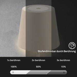 Lampada da tavolo a batteria beige Brilo Kiki con dimmer touch e 3 livelli di intensità (100%, 50%, 15%).