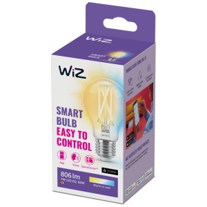 Confezione di una lampadina LED WiZ E27 chiara, 6,7W. Lampadina smart con funzione WiFi e Bluetooth.