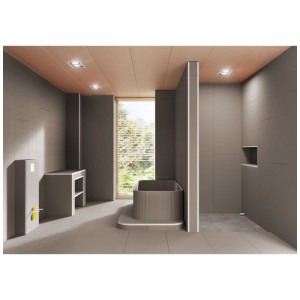 Bagno grigio con vasca, lavabo e piastrelle. Adesivo Ultrament per edilizia e piastrelle.