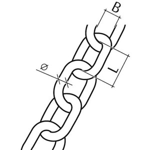 Disegno di una catena in acciaio tondo inossidabile con dimensioni di diametro e lunghezza maglia.