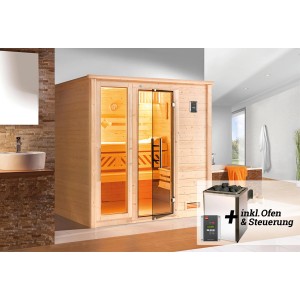 Sauna en bois massif Weka Bergen, set économique avec porte en verre, fenêtre et poêle