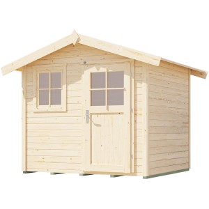 Abri de jardin en bois naturel 123 avec toit à deux pentes, fenêtre et porte.