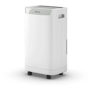 Weißer Olimpia Splendid Luftentfeuchter Aquaria S1 16 P mit Rollen und 2 l Tank.
