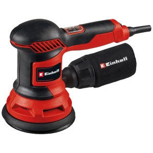 Ponceuse excentrique Einhell TC-RS 425 avec boîtier à poussière et 3 disques abrasifs.