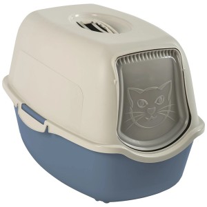 Maison de toilette pour chat Rotho Eco Bailey gris-bleu avec trappe et filtre.