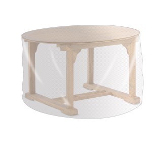 Copertura protettiva trasparente (75x125 cm) per tavolo da giardino rotondo, protegge da vento e intemperie.