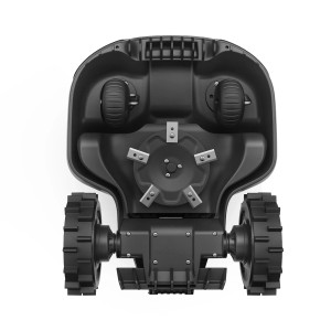 Robot tondeuse Mammotion Yuka Mini 800, vue de dessous avec lames et roues.