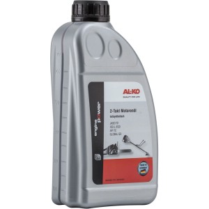 Huile moteur Al-Ko 2 temps semi-synthétique 1l en bouteille grise avec bouchon noir, pour débroussailleuses et tronçonneuses.